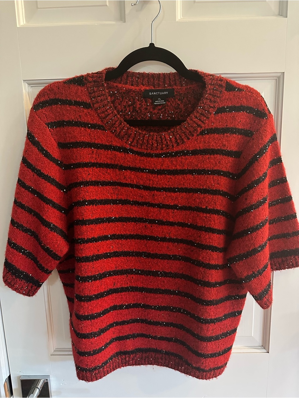 Sanctuary Shine Knit Red and Black Sparkle Striped Crew Neck T-Shirt Sweater